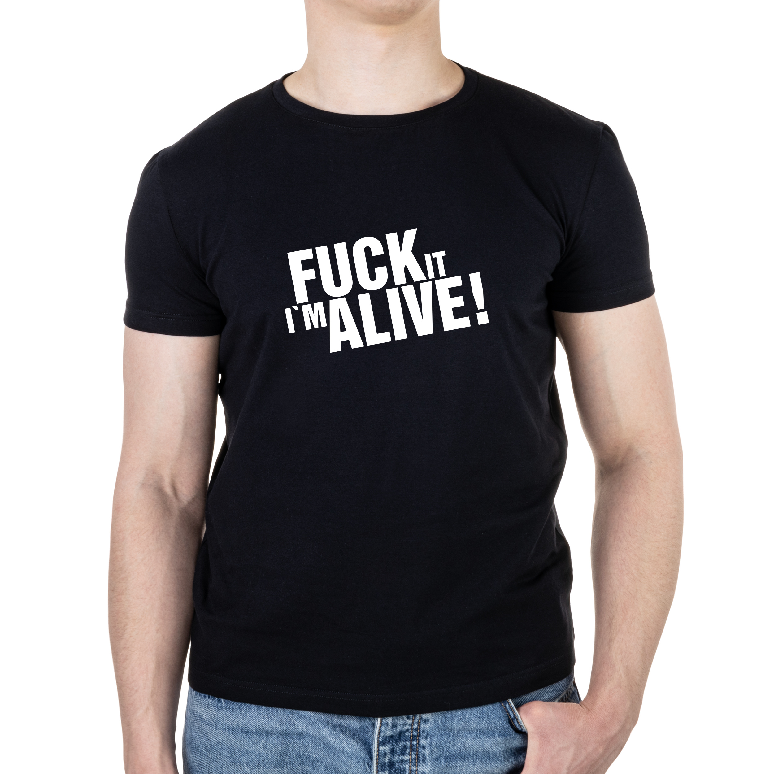 Футболка мужская черная хлопок/эластан А4 размера Fuck it i`m alive XS - фото 1 - Футболки